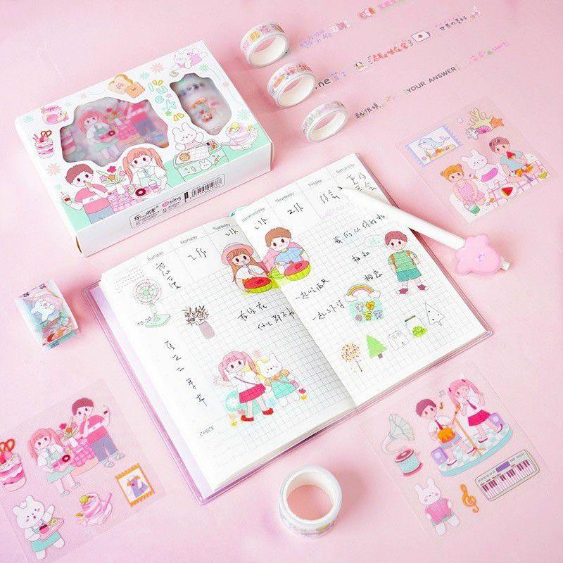 Băng keo Sticker Hộp 5 Washi Tape 11 Sticker Siêu Cute Dễ Thương