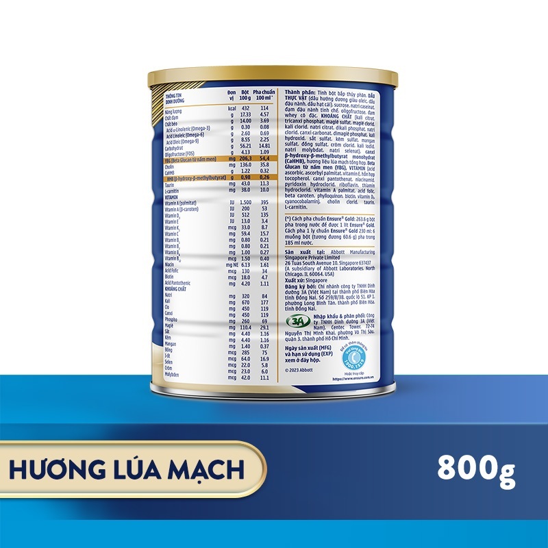 Sữa Bột Ensure Gold Abbott (HMB) 850g/800g Hương Lúa Mạch