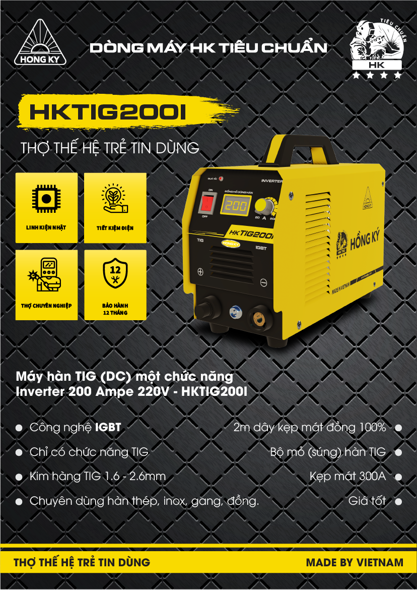 Máy hàn TIG Hồng Ký Inverter 200 Ampe 220V HKTIG200I