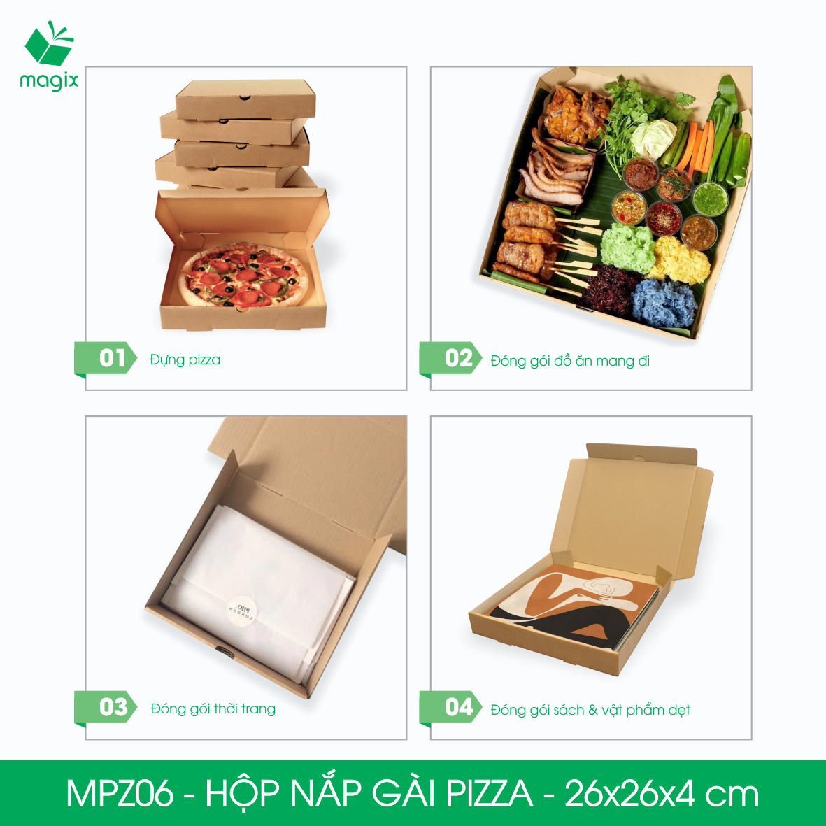 MPZ06 - 26x26x4 cm - 20 Hộp nắp gài pizza đa dụng - Hộp nắp gập, hộp carton gói hàng, hộp quà