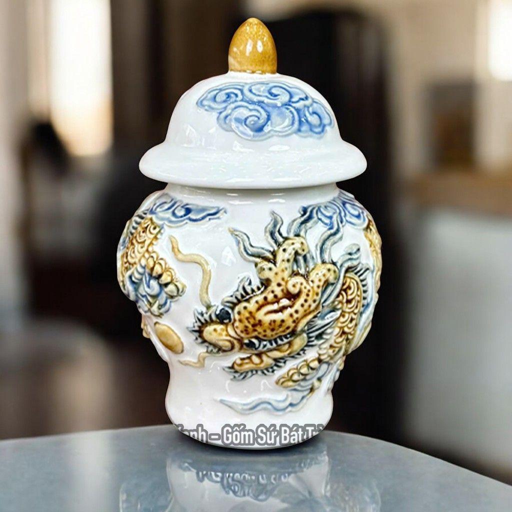 Chóe Thờ Rồng Đắp Nổi Men Trắng RỒNG VIỆT Cao Cấp - Hũ Đựng Gạo Muối Nước Sang Trọng gốm Bát Tràng