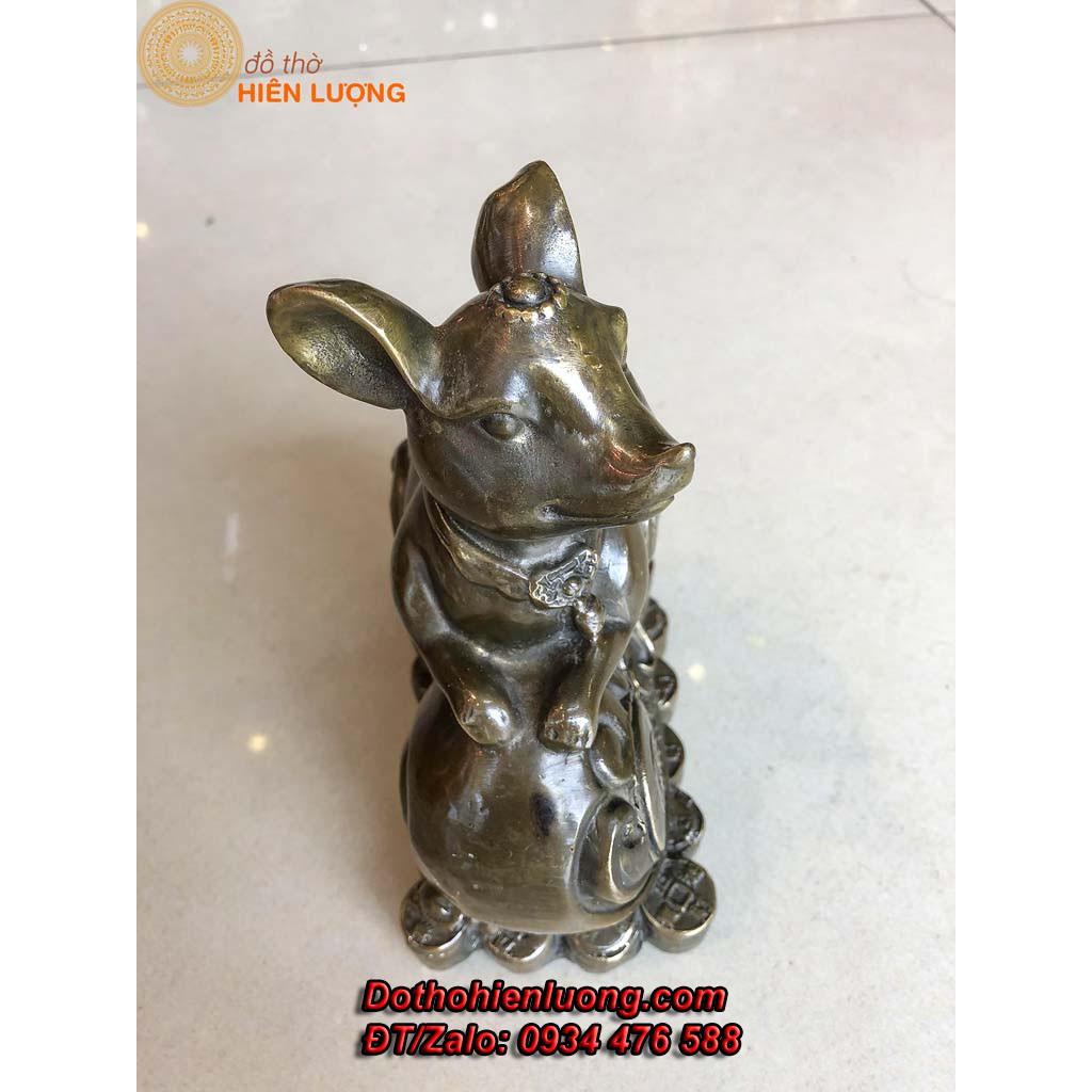 Tượng Linh Vật Chuột Ngồi Gậy Như Ý Bằng Đồng Màu giả Cổ
