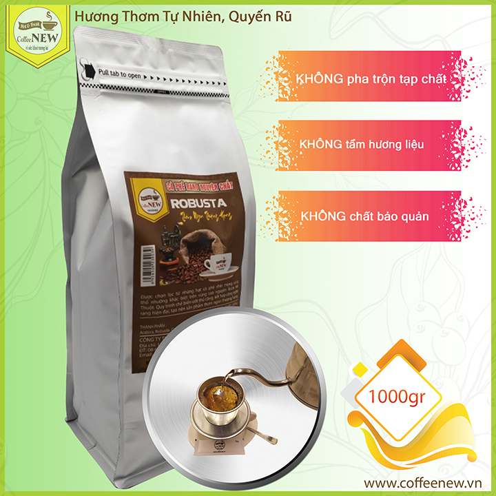 Cà Phê ROBUSTA Thượng Hạng - Rang Mộc Nguyên Chất (Gói 1kg) - Tặng Phin Nhôm - Hậu Đậm, Vị Đắng - Coffee New