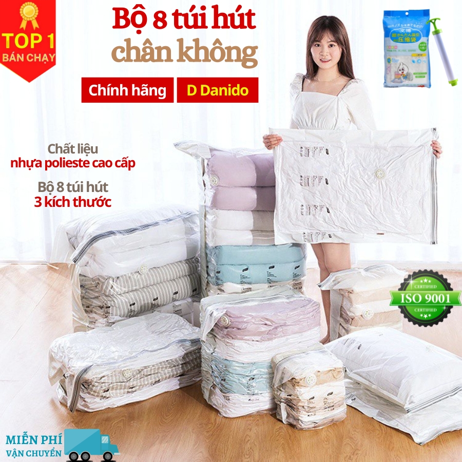 [Tặng kèm bơm tay] Bộ 8 túi hút chân không đựng chăn màn quần áo cao cấp D Danido - Set 8 túi hút chân không bằng nhựa dẻo dai có tặng kèm bơm tay