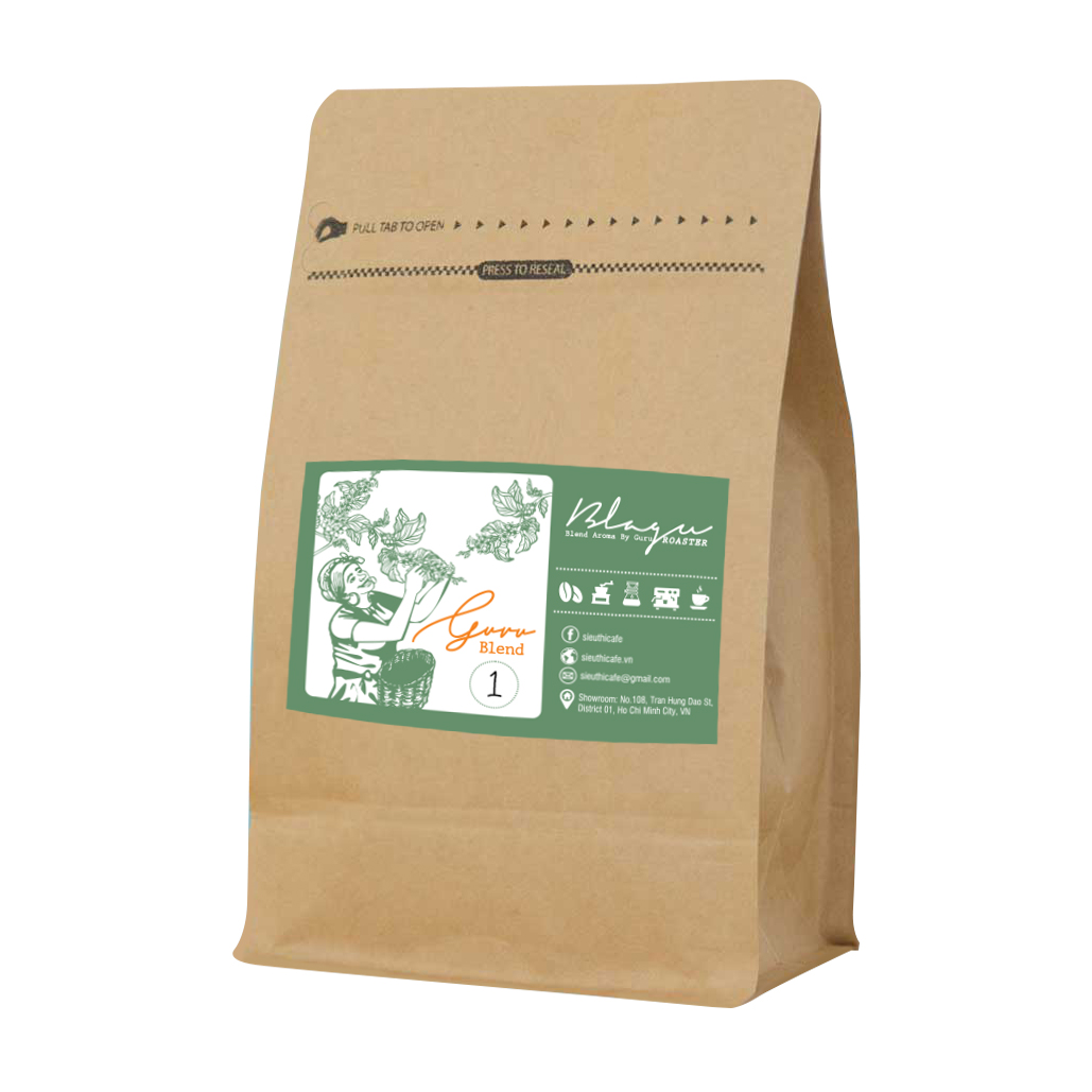 Cà Phê Blagu Hạt đã rang, phối trộn Arabica và Robusta, Guru Blend 1, Medium - Dark Roast, 250g