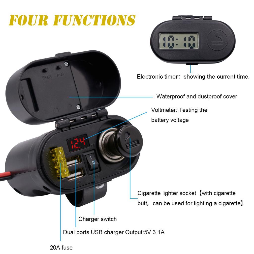 Waterproof Motorcycle Cigarette Lighter Dual USB Charger & Switch & Clock