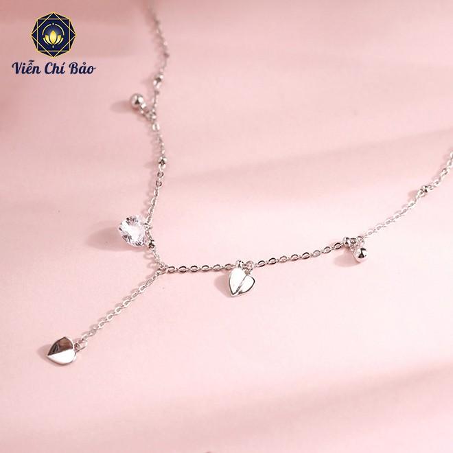 Vòng cổ choker bạc nữ mix cham trái tim dây xích ngắn mặt bi