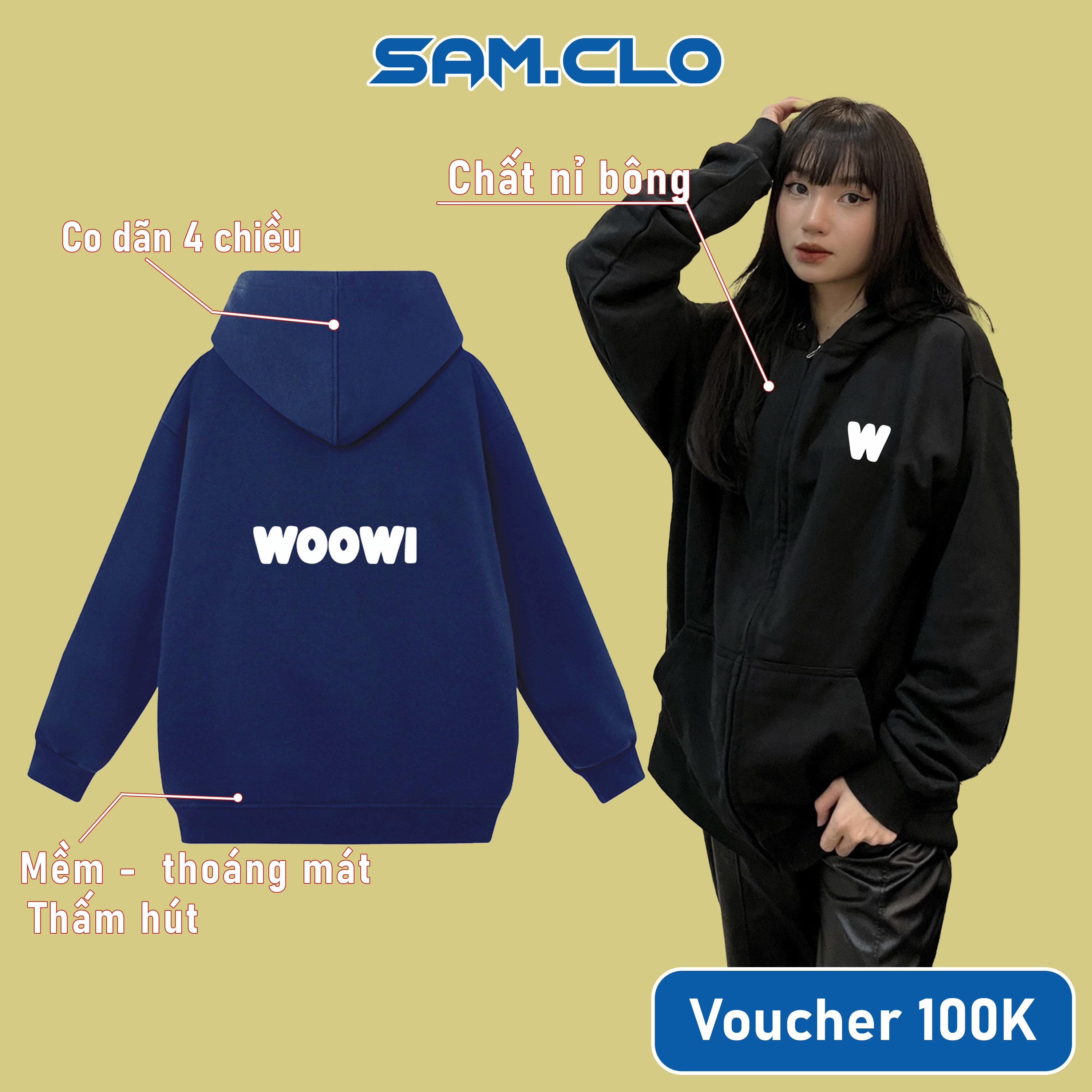 Áo khoác Hoodie Zip nam nữ SAM CLO có mũ form rộng chất nỉ tay dài thu đông in chữ WOOWI