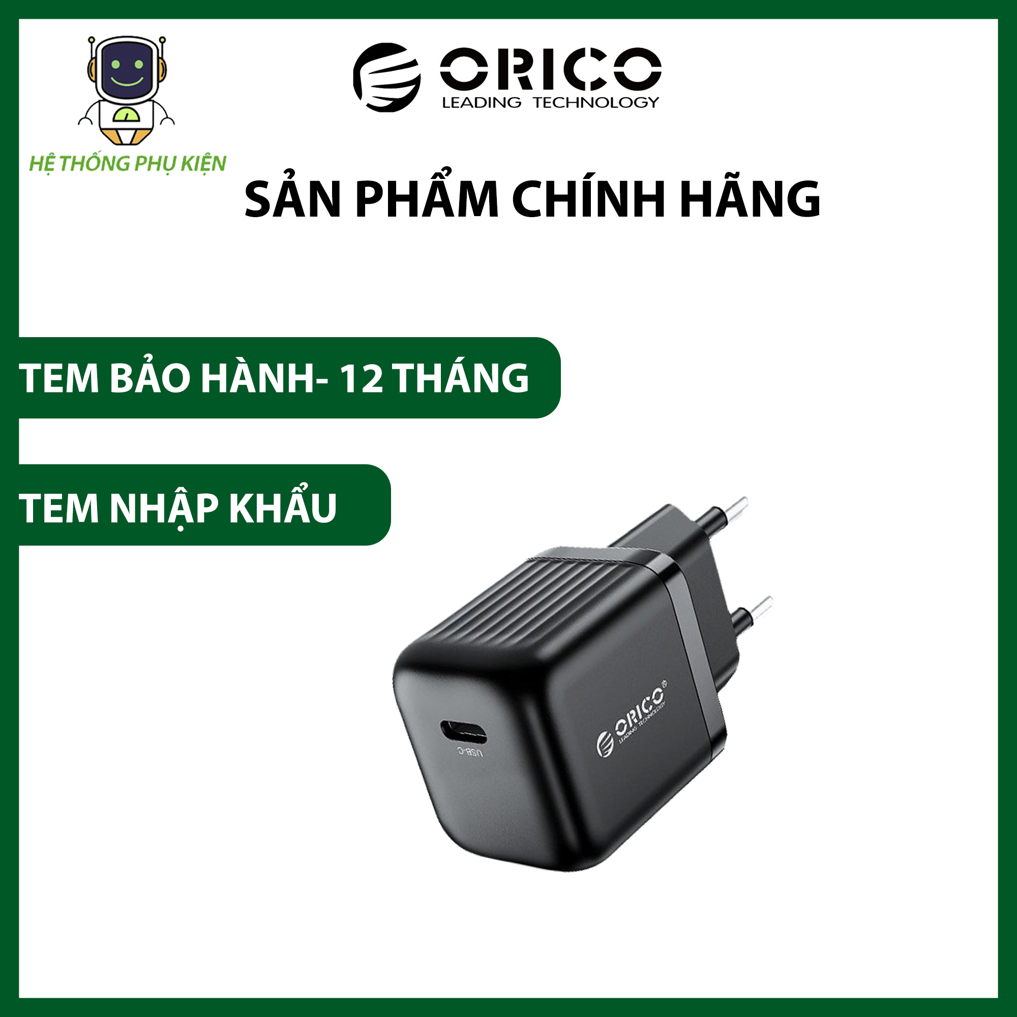 Củ Sạc Nhanh 1 Cổng Type-C 30W ORICO Cho Iphone/Smartphone/Macbook/Ipad PT30-C-EU-BP Hàng Chính Hãng