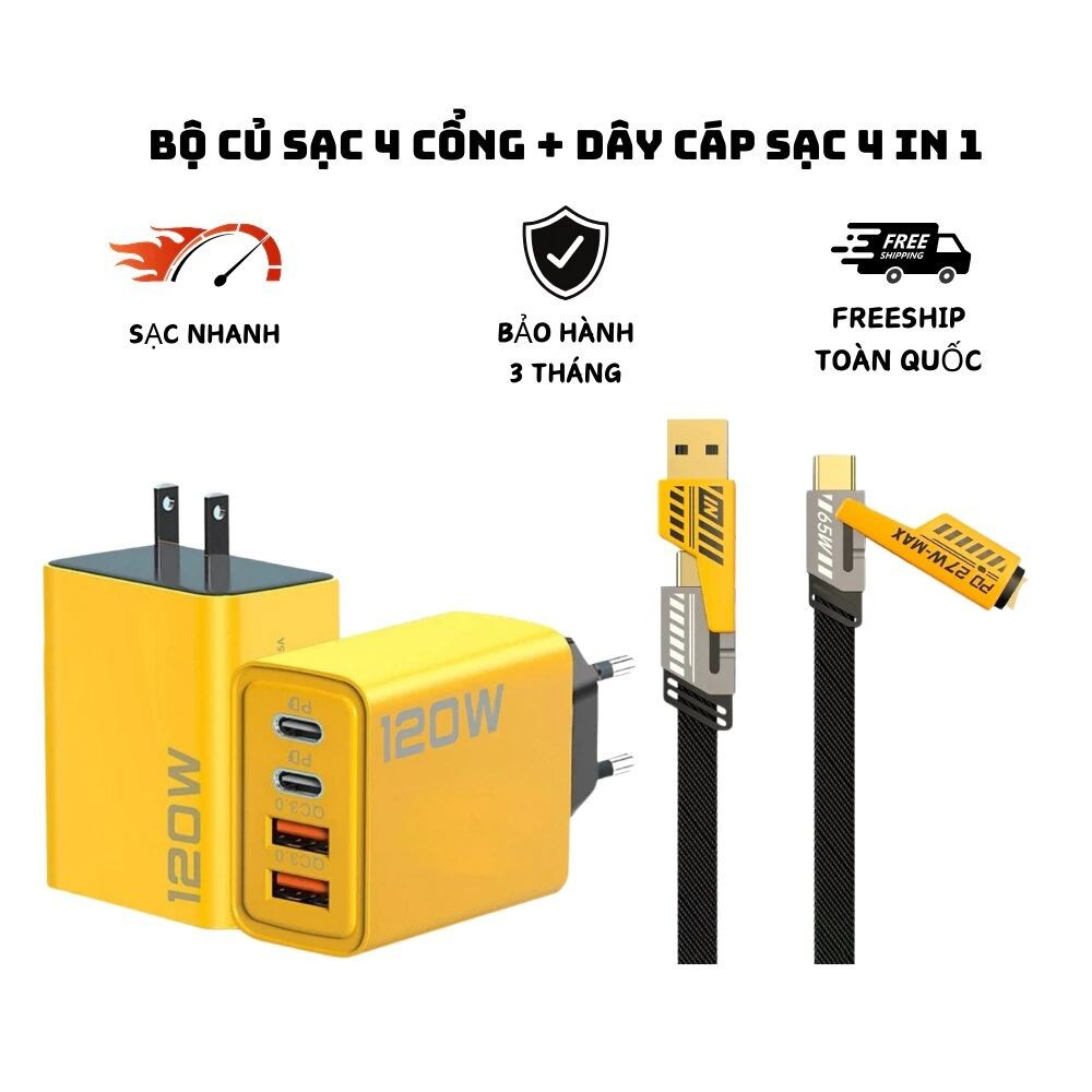 Bộ sạc nhanh 4 cổng, 120W: 2 cổng Type C + 2 cổng USB - Và cáp sạc nhanh 4 in 1 - Hàng chính hãng