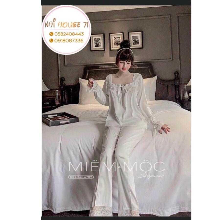 SET BỘ NGỦ PIJAMA TAY DÀI PHỐI REN CỔ U DỄ THƯƠNG LỤA LATIN TÔ CHÂU MỀM MỊN MÁT NHIHOUSE71 FREESIZE DƯỚI 6