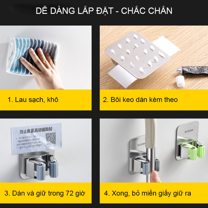 Móc treo kẹp giữ chổi đa năng làm bằng inox 304, đơn bản lớn, dùng keo dán kèm theo