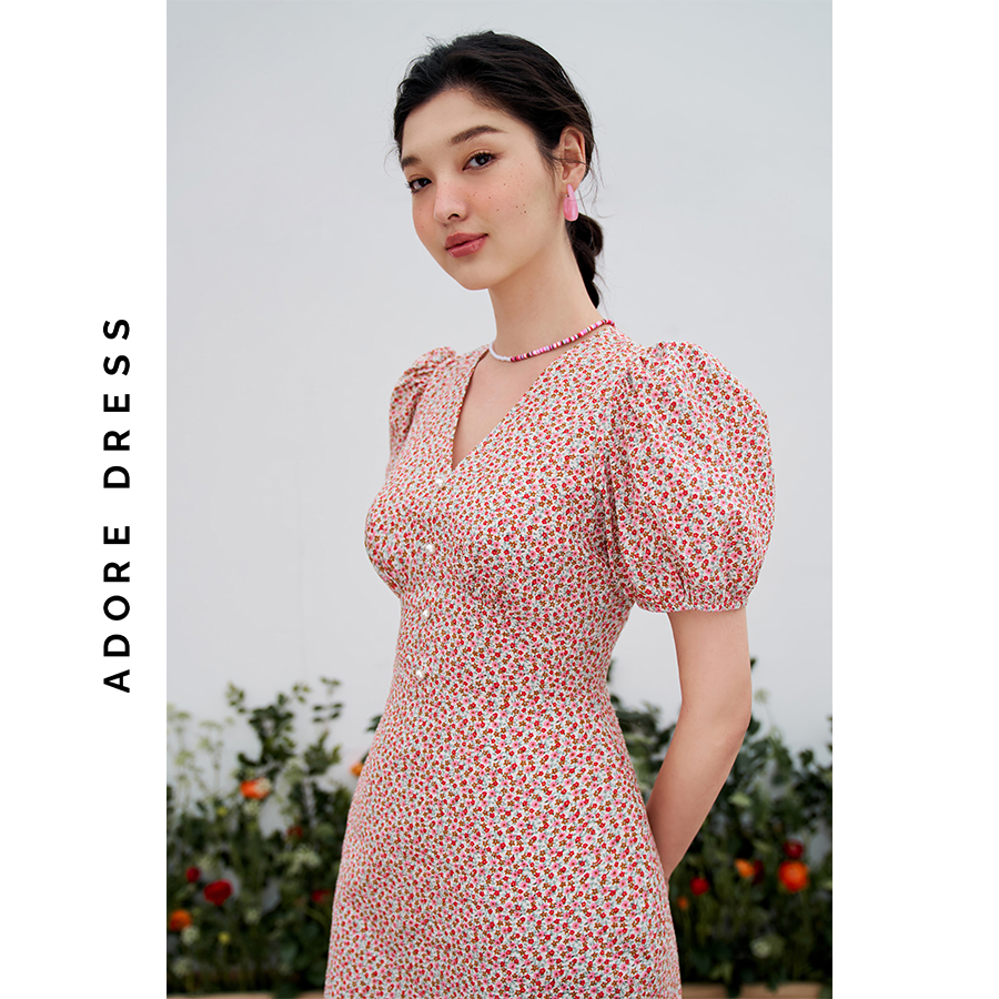 Đầm mini dress thô xốp hoa nhí 2 màu đỏ hồng và trắng xanh  3ASDR1185 ADORE DRESS