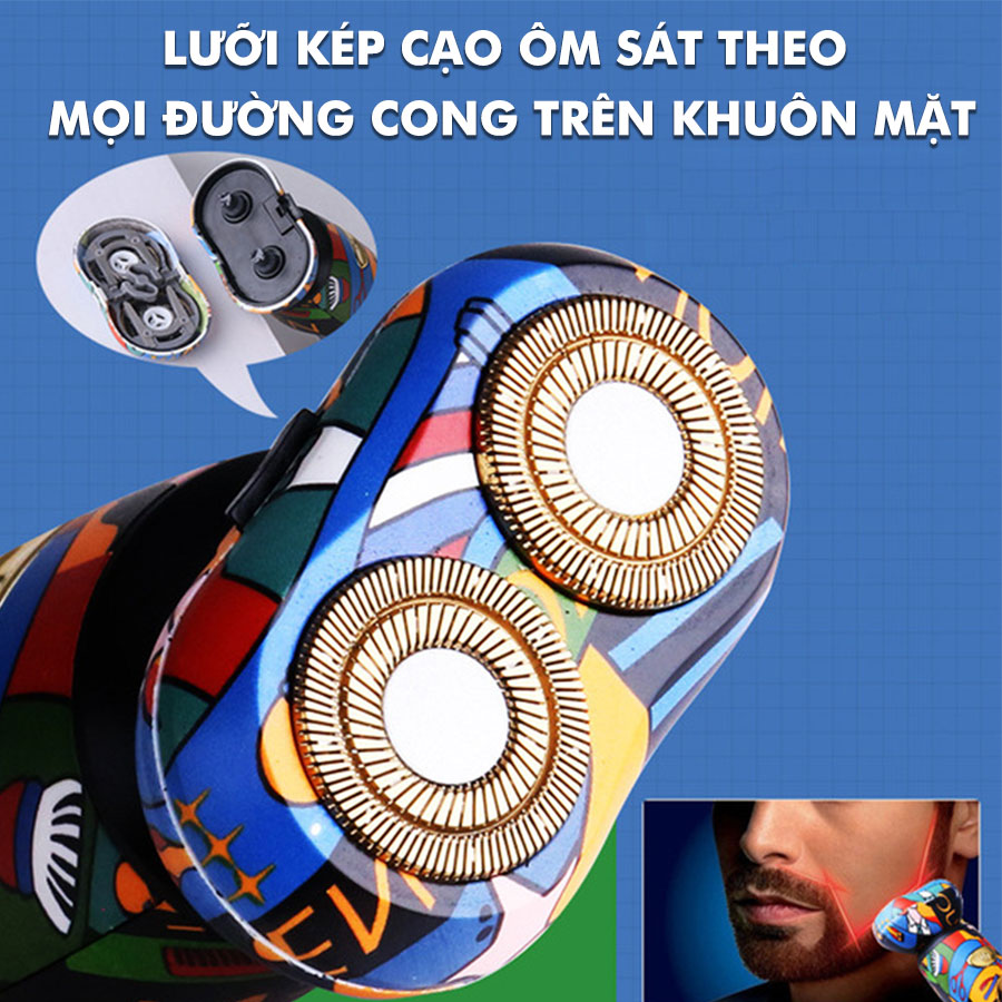 Máy cao râu KEMEI KM-RS503 lưỡi kép 4D thiết kế vỏ bọc sang trọng màu sắc TREND GRAFFITI phiên bản mini cá tính, sử dụng sạc USB tiện lợi - phân phối chính hãng