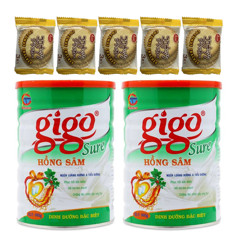 Combo 2 hộp Sữa Bột Gigo Sure Hồng Sâm 900g – Dinh dưỡng đặc biệt ngừa loãng xương, xơ vữa động mạch và tiểu đường, hỗ trợ tim mạch (JISENG) – Tặng 05 bánh quy dừa Nhật Bản hiệu Aee