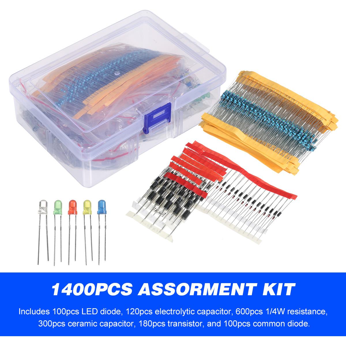 1400PCS Electronic Components Assortment Kit Assorted Electric Element Starter Kit with 1/4W Resistance LED Diode