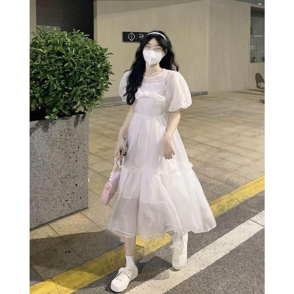 Váy Trắng 2 Lớp Nơ Ngực To Màu Trắng Ulzzang Hàn Quốc