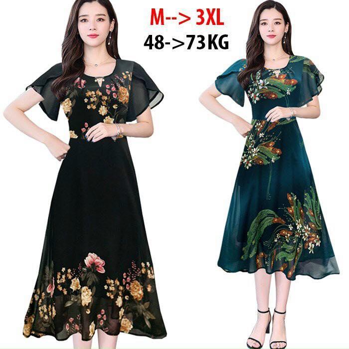 Đầm Xòe Dáng Dài Quý Bà Kiều Đầm Xòe Trung Niên Size Lớn In Hoa Có Size Cho Người Mập