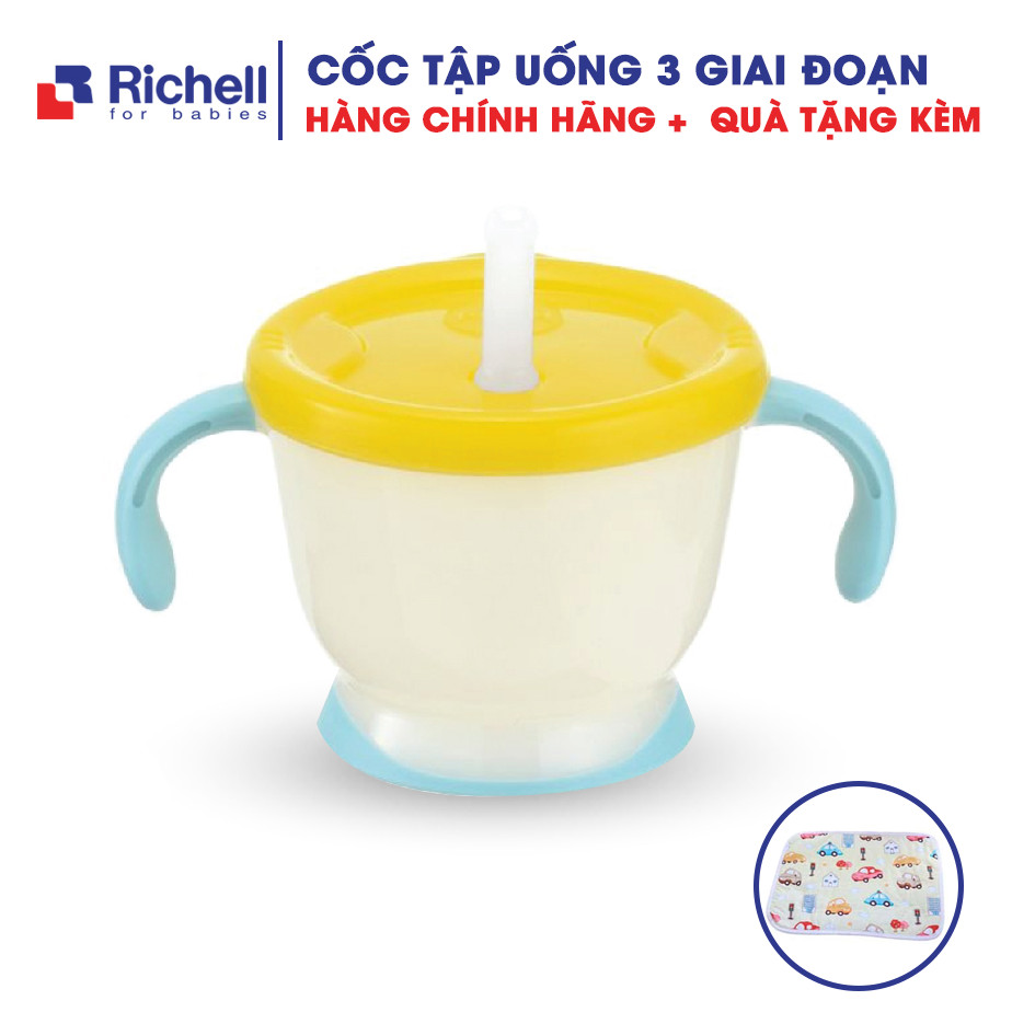 Cốc tập uống 3 giai đoạn Richell. Cốc tập uống Richell cho bé. Tặng kèm tấm lót chống thấm