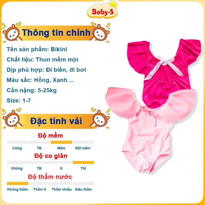 Bikini cho bé cánh tiên 5-25kg Baby-S, Đồ bơi bé gái liền thân tone màu hồng cực xinh xắn – SDB018