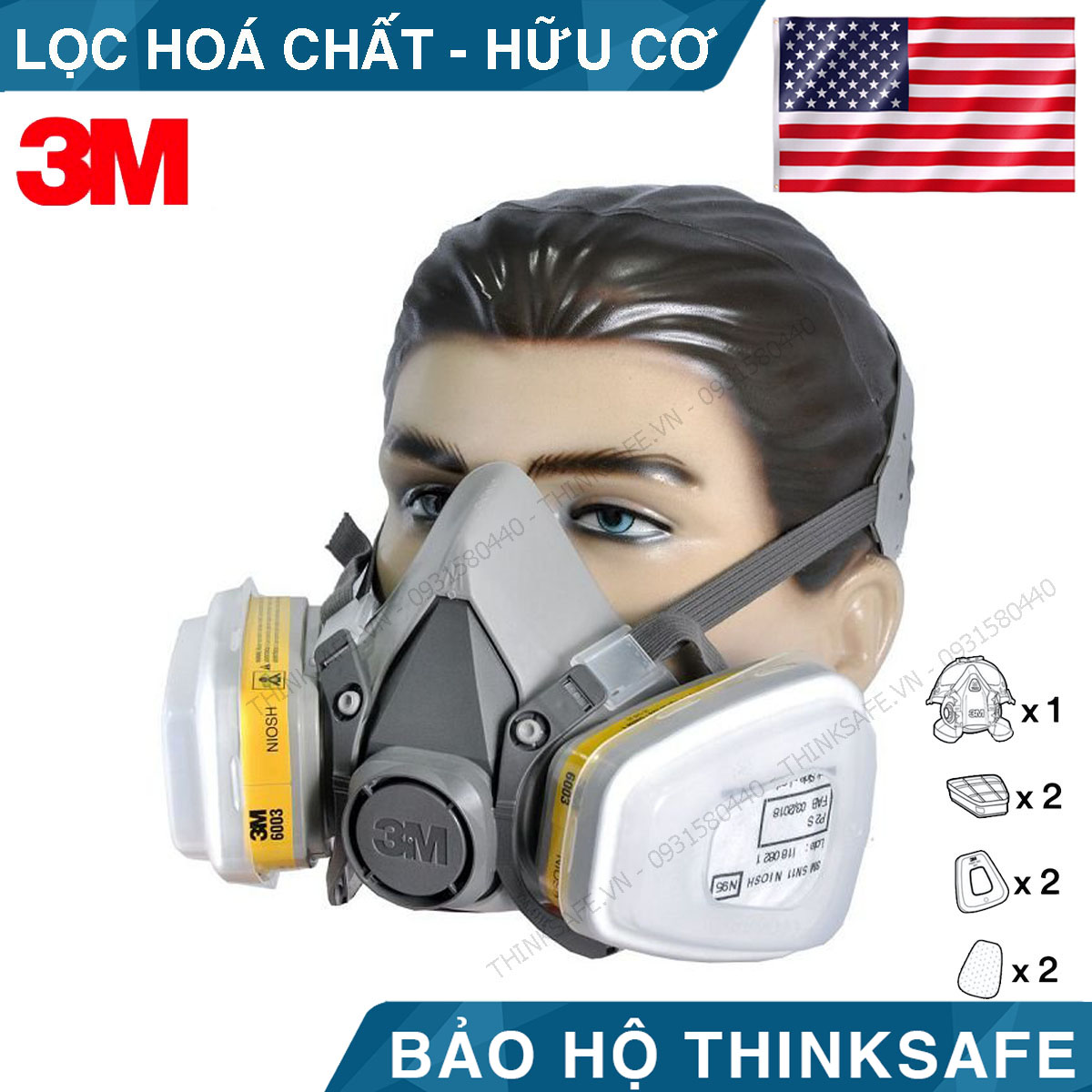 Mặt nạ phòng độc 3M 6200 bộ 7 món sử dụng phin 3M 6003 - mặt nạ phòng dịch, chống bụi, chống độc phun sơn, hàn xì - lọc hơi vô cơ, hữu cơ