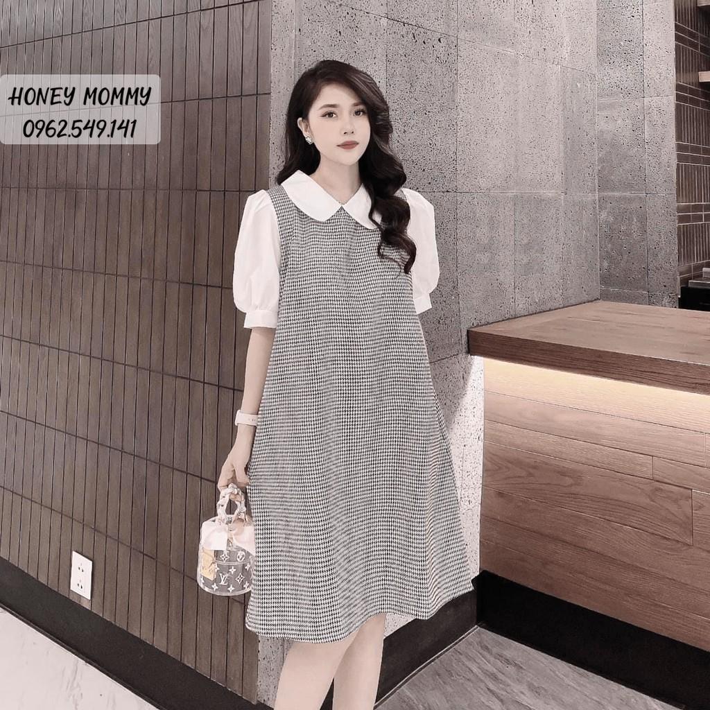 Váy Bầu Hè Kẻ Zigzag Cổ Sen Tay Bồng Váy Bầu Công Sở HD2812 Honey Mommy Đầm Bầu Mùa Hè Công Sở Đi Làm