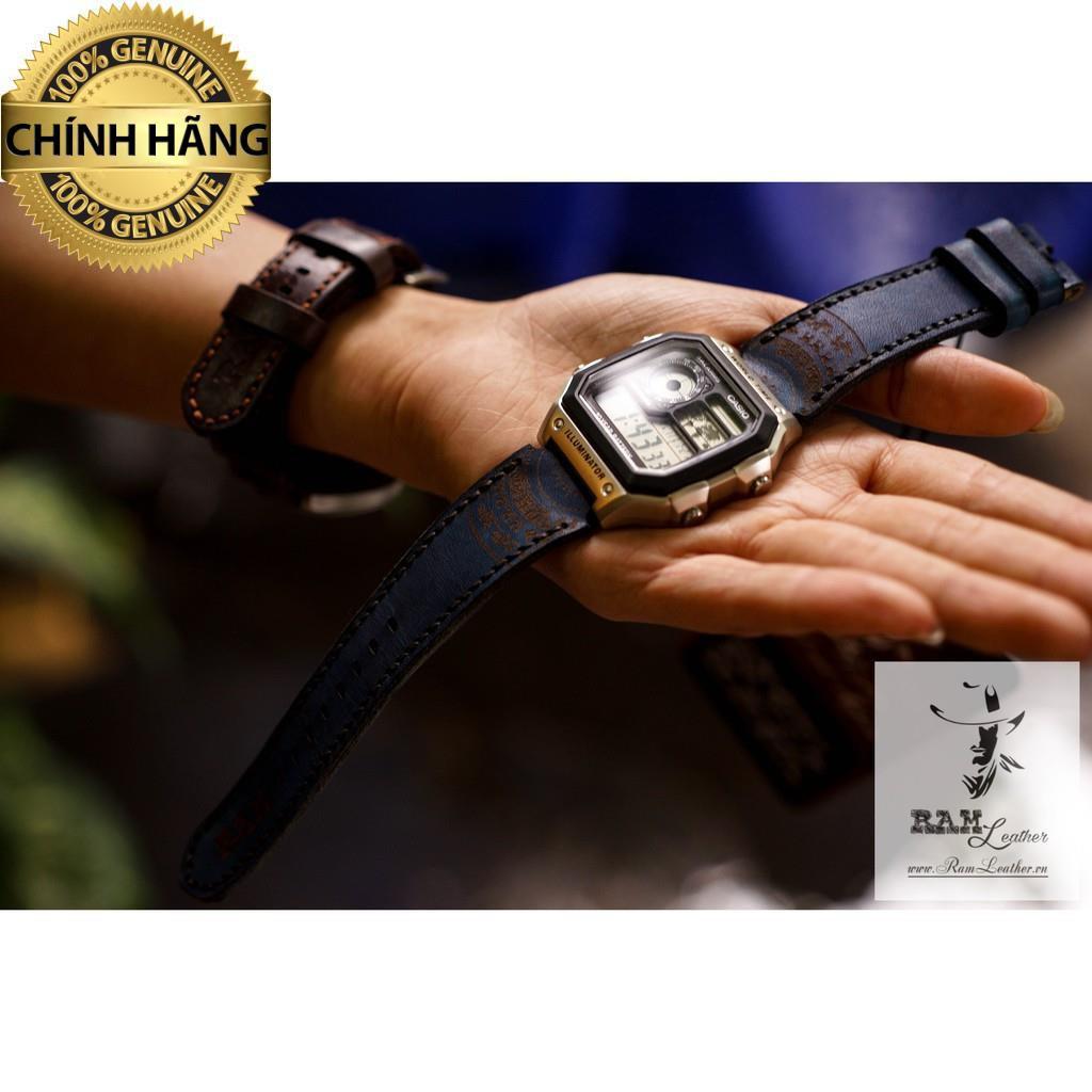 DÂY ĐỒNG HỒ DÀNH CHO CASIO/SEIKO DA BÒ THẬT XANH NAVY TRỐNG ĐỒNG - HÀNG CHÍNH HÃNG