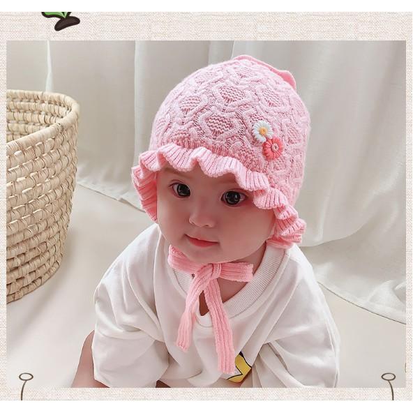 Nón mũ len bèo buộc dây đính hoa cúc xinh xắn đáng yêu cho bé 0 - 1 tuổi