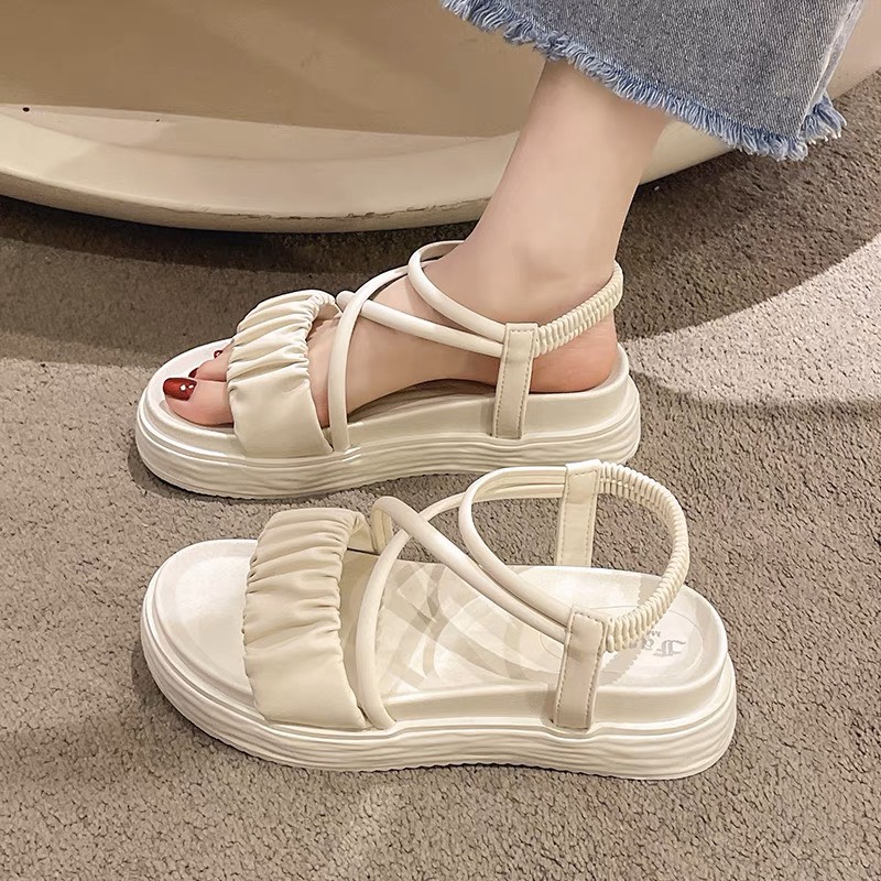 Dép sandal nữ quai nhăn cách điệu dễ thương đế cao 3cm 2 màu  D217