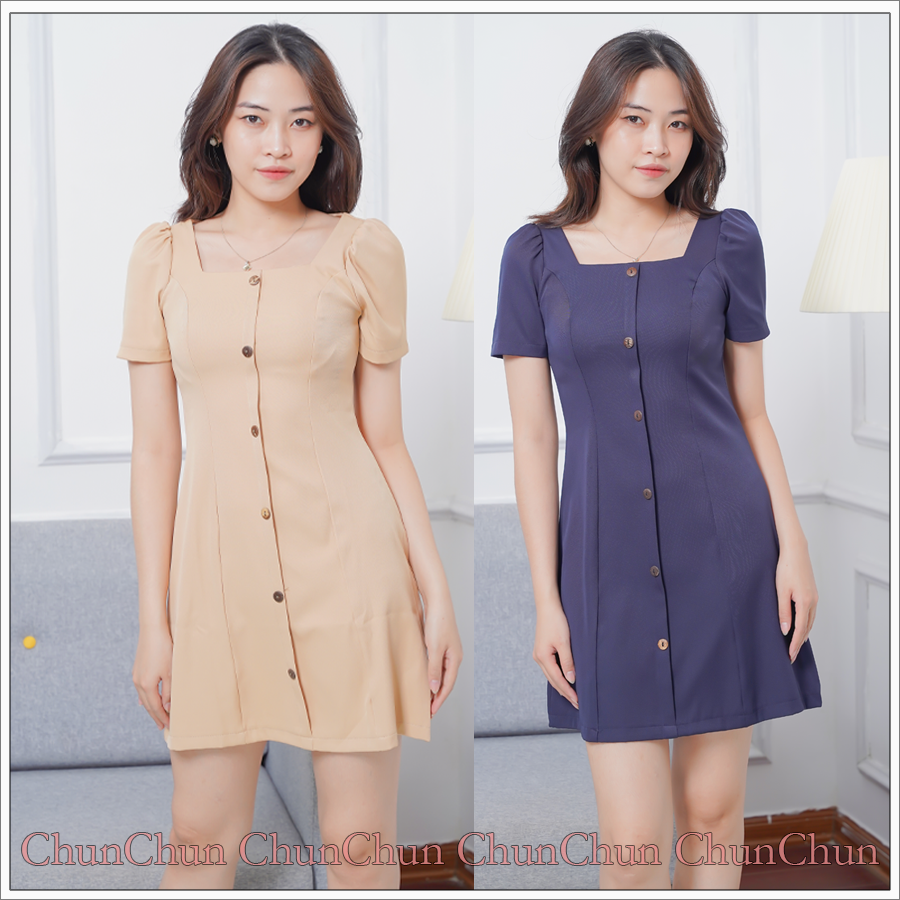 Váy kaki dáng suông, hàng cúc dọc phong cách Hàn Quốc trẻ trung, năng động v118