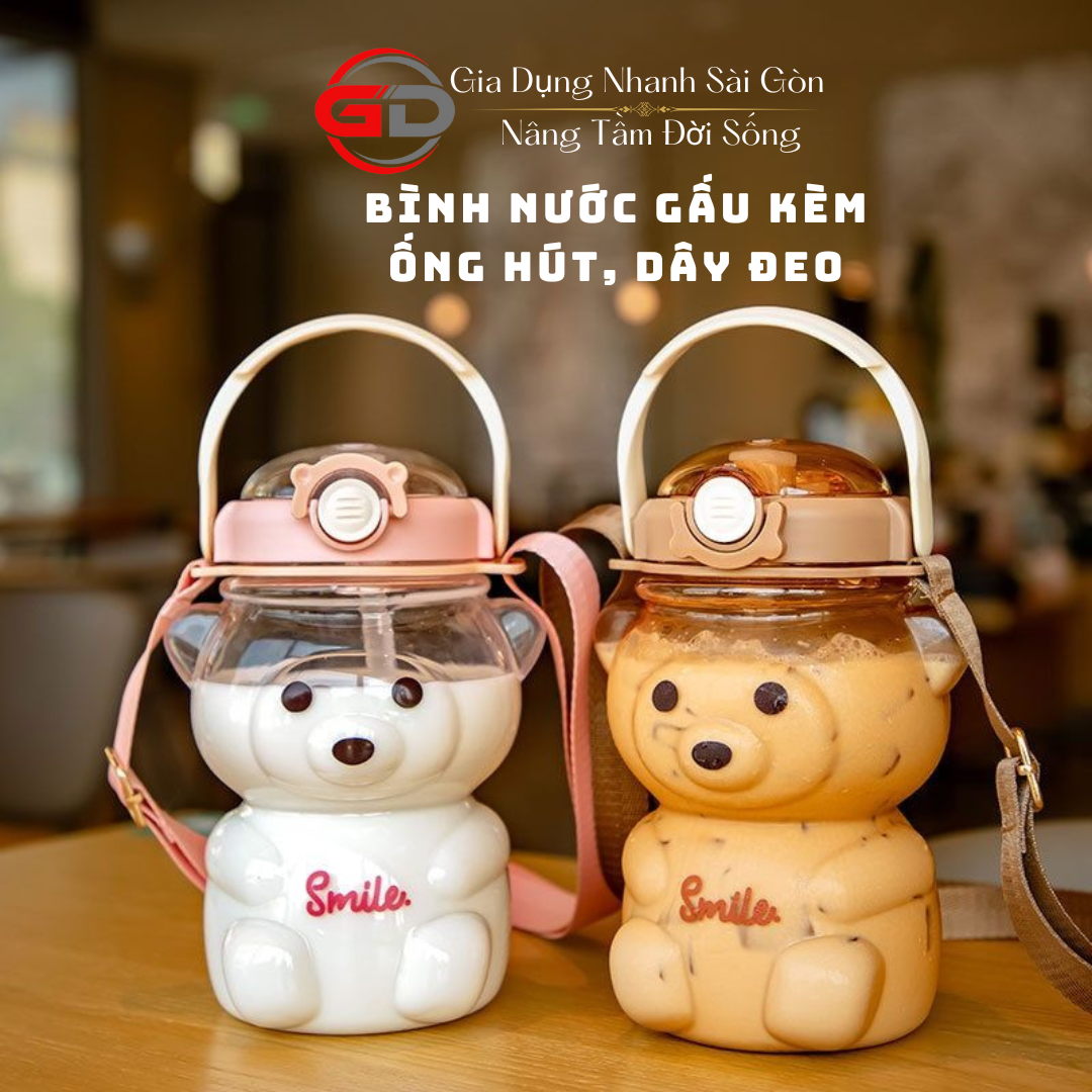 Bình Đựng Nước Hình Gấu Slime KuTe Nhựa Cao Cấp Dung tích 1000ml Kèm Ống Hút