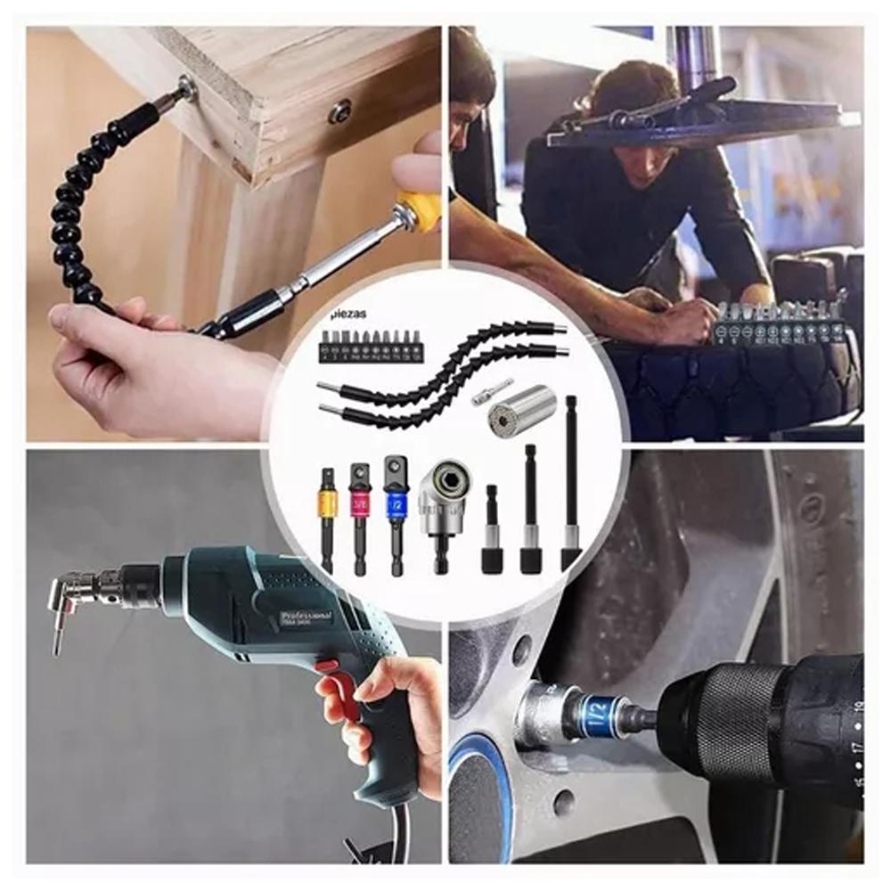 21PCS Flexible Drill Bit Extension Set with 105° Angle Drill Bit Extension & 1/2 3/8 1/4 inch Universal Socket Adapter & Drill Bit Holder & Screwdriver Bit Kit & Universal Socket Grip