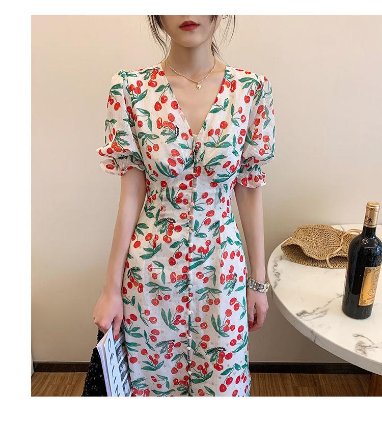 TOBE1SHOP 2021 mùa hè thắt lưng ngọt ngào trà nghỉ váy nữ Pháp anh đào chiffon hoa bong bóng tay áo đầm dài