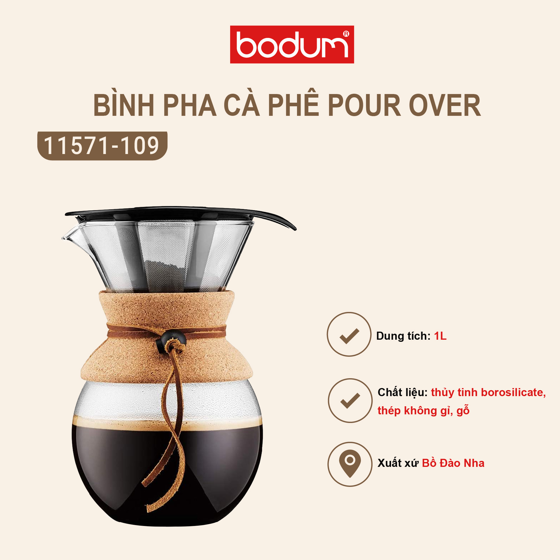 Bình pha cà phê kiểu Pháp Bodum Pour Over 1L 11571-109, xuất xứ Bồ Đào Nha