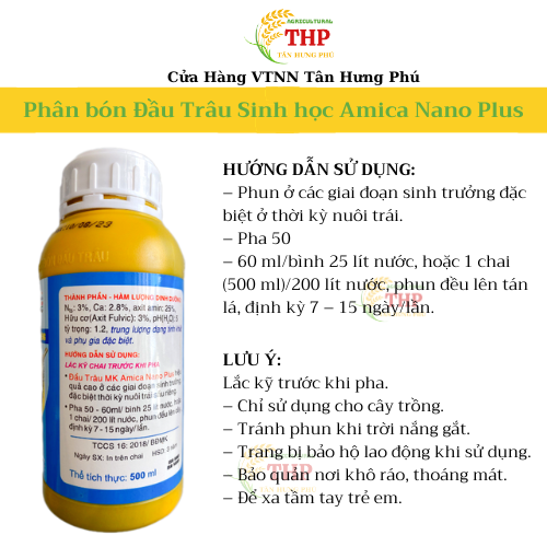 Phân Bón Lá Sinh Học Đầu Trâu Amica Nano Plus ︱ Phân bón Chuyên Sầu Riêng ︱ Chai 500ml