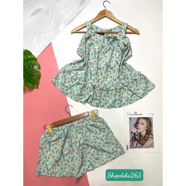 Set đồ nữ,đồ bộ nữ,đồ ngủ mặc nhà đùi vải lụa cổ yếm hoa nhí siêu cute.