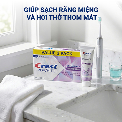 Combo kem đánh răng Crest 3D White Brilliance Vibrant (130g x 2) - Hàng chính hãng