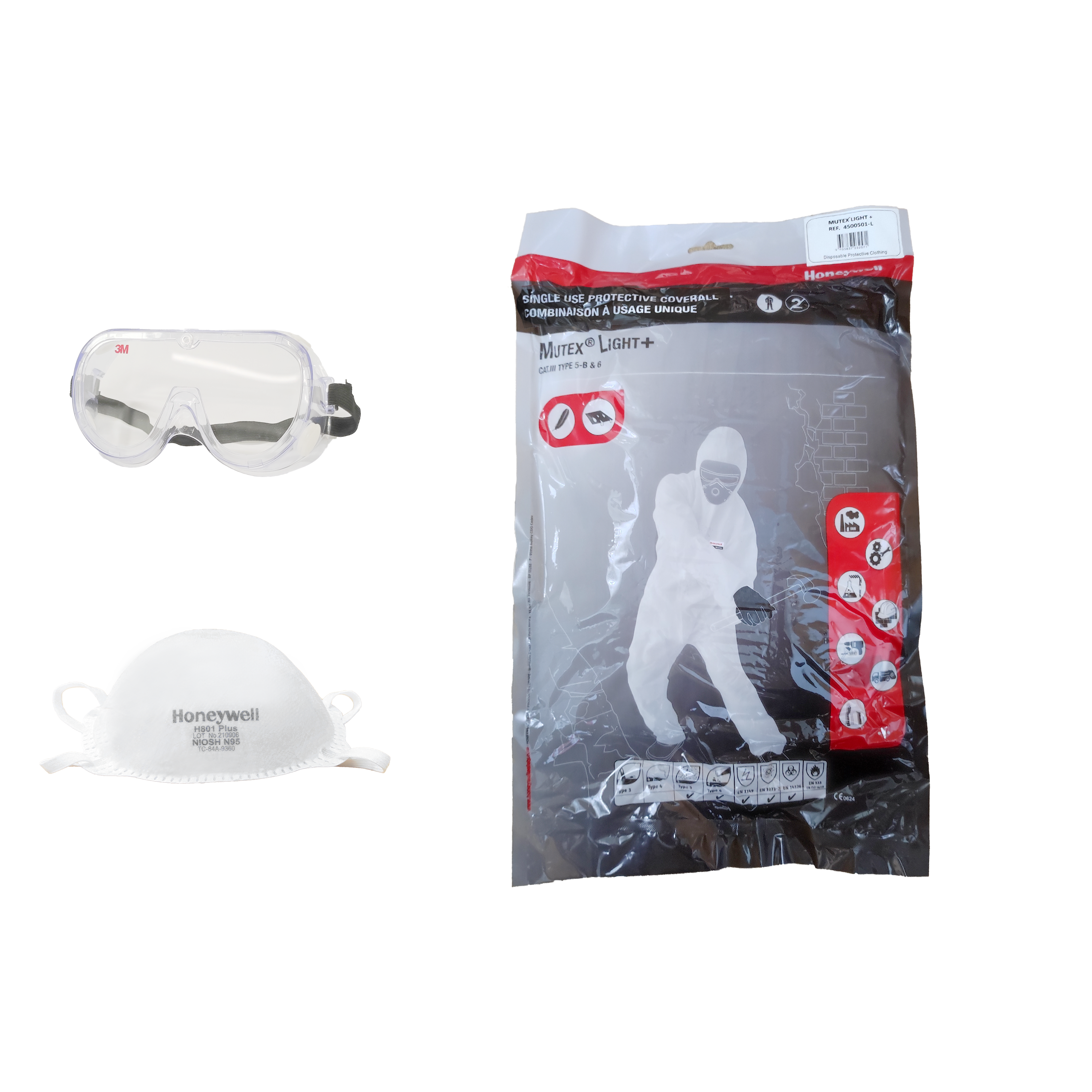 Combo: Bộ quần áo Honeywell Mutex Light kèm Kính bảo hộ 1621 3M và Khẩu trang Honeywell H801 N95
