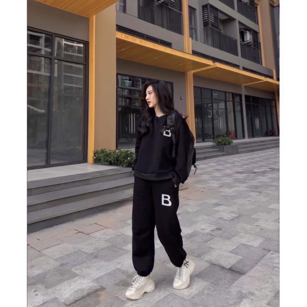 Bộ Áo Nỉ Sweater Quần Jogger Nữ Chữ B - ĐEN