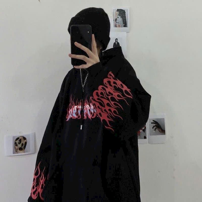 Áo khoác nỉ áo khoác hoodie nam nữ In Lửa form rộng bo gấu tay phồng hàn quốc, áo hoodie cặp đôi chống nắng thu đông dễ phối đồ phong cách cá tính