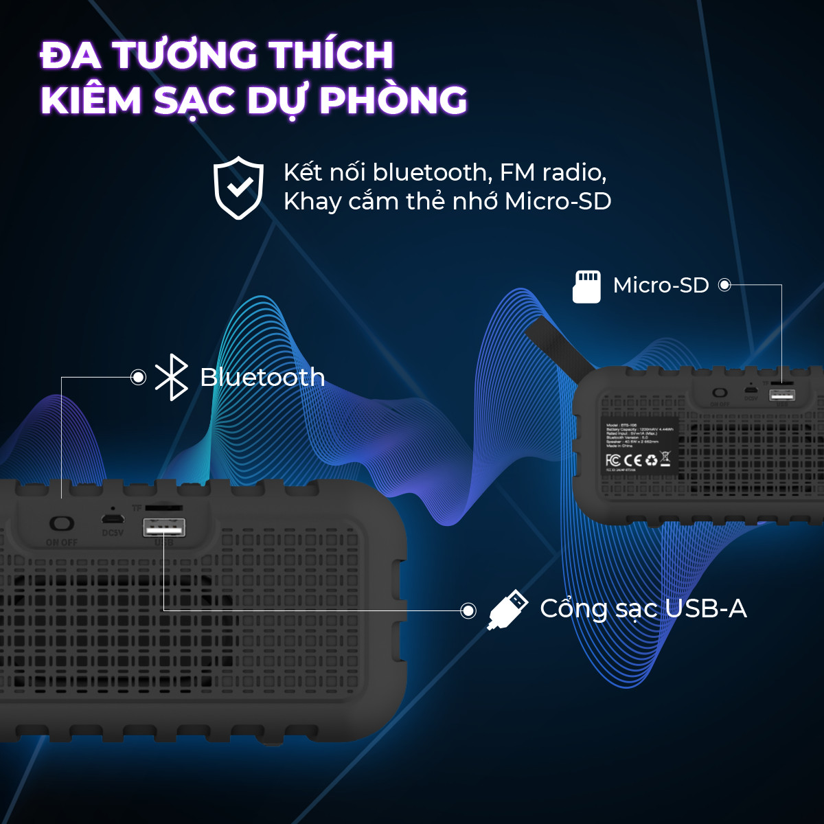 Loa Bluetooth di động Energizer BTS-106 kiêm sạc dự phòng - Kết nối bluetooth 5.0, Tích hợp micro, hỗ trợ FM radio, thẻ Micro SD, cổng sạc USB-A - HÀNG CHÍNH HÃNG