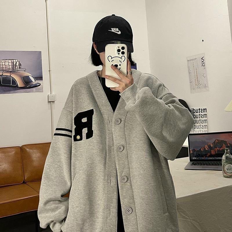 Áo Khoác Cardigan Bomber Nỉ Bông IN LOGO R Sọc Viển Tay Form Rộng Basic Nam Nữ Unisex Ulzzang KUN