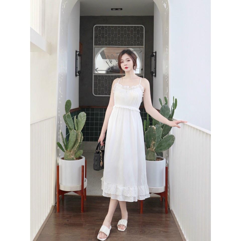 Đầm 2 dây hở lưng, Váy trắng maxi đi biển Cao Cấp phong cách Vintage thiết kế dáng xòe dài qua gối - MiNhi Fashion