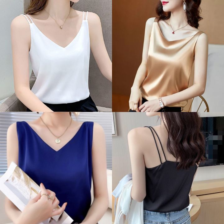 Áo Hai Dây Cổ Tim Mặc Trong Vest blazer kiểu nữ freesize Vải Lụa Satin Mịn ,Thoáng Mát New Design AO0003