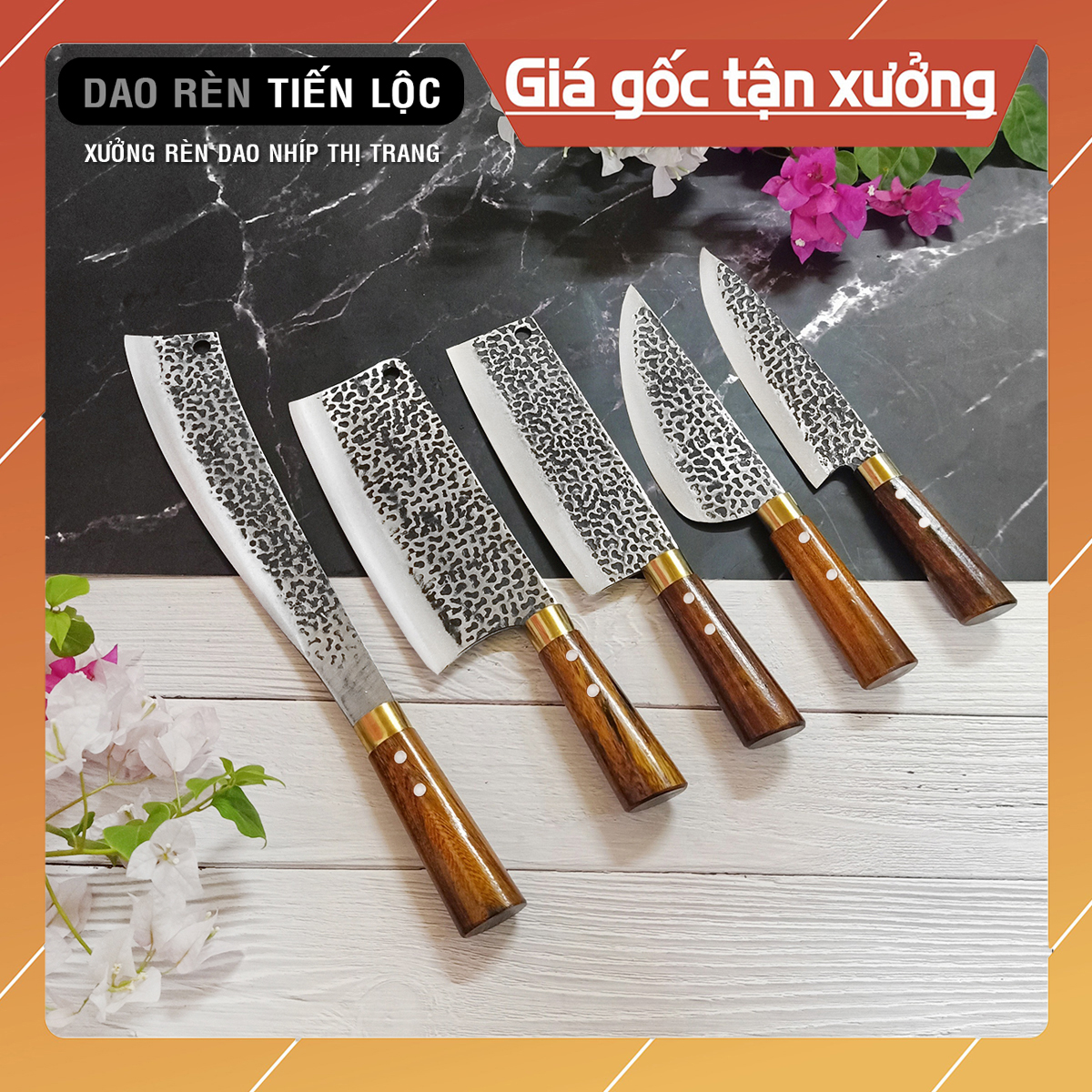 Bộ Dao Nhà Bếp Thép Nhíp Cao Cấp - 5 Dao Chặt Cây, Chặt Xương, Thái Lọc Thịt - Cán Gỗ Cẩm