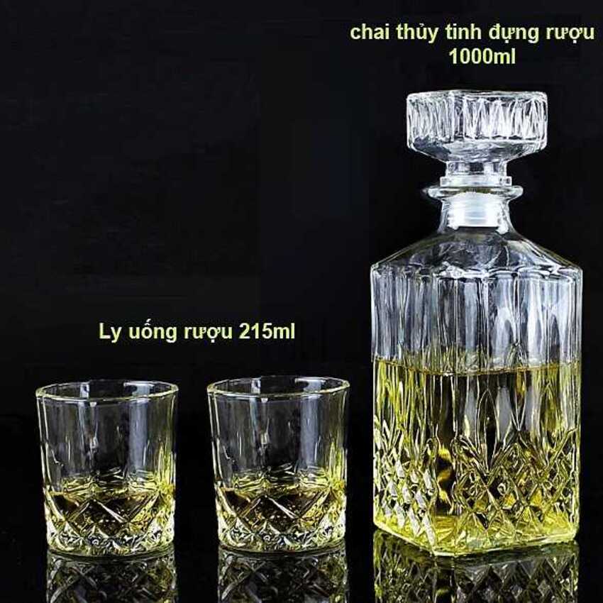 [combo] Chai Đựng Rượu 1000ML và 2 Ly Uống Rượu Đẹp 215ML – Chai Thủy Tinh Đựng Rượu 1 Lít kèm 2 Ly Rượu chưng bàn ăn vô cùng sang trọng (A1 + 2 G3)