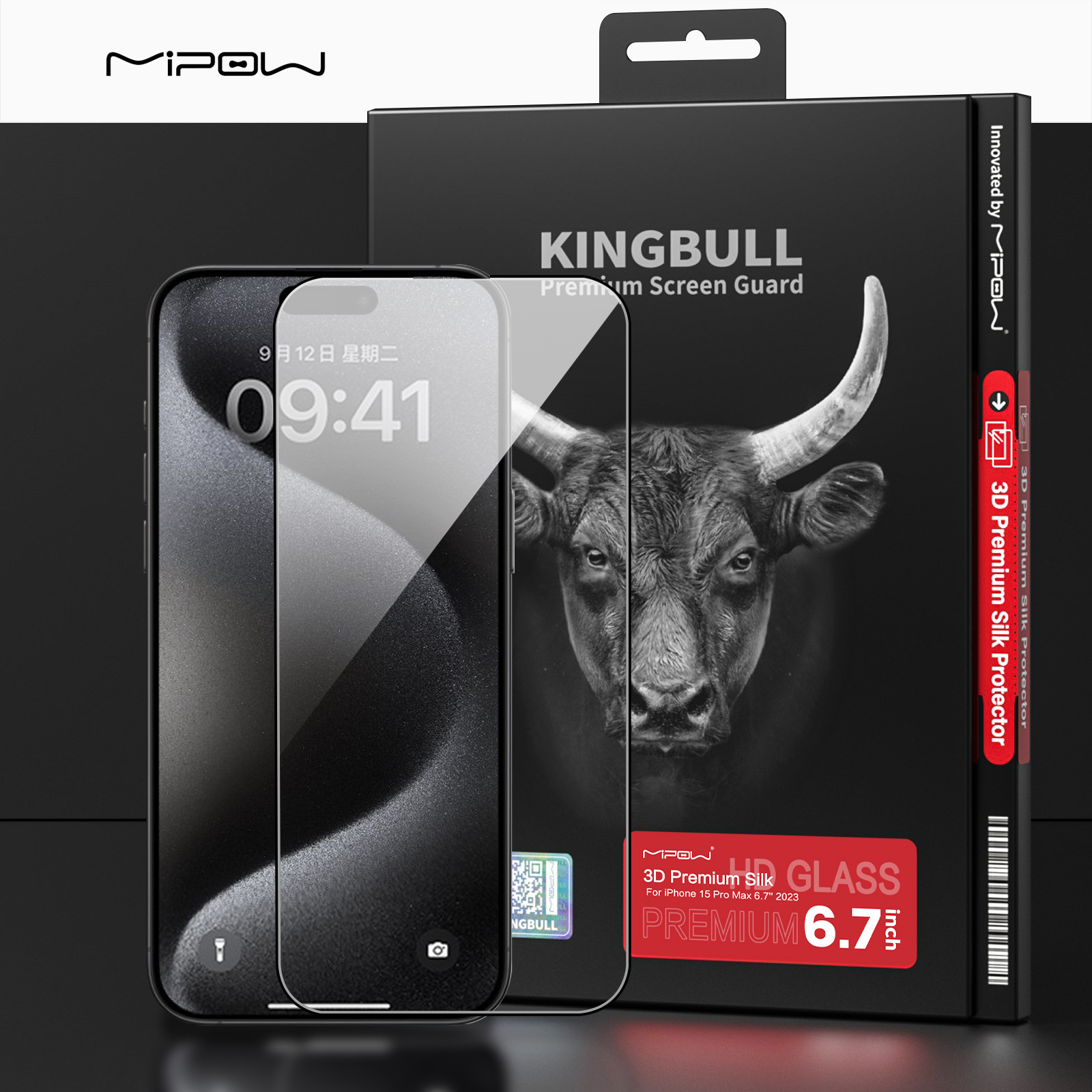 Miếng Dán Cường Lực Dành Cho iPhone 15 Pro/ iPhone 15 ProMax Mipow Kingbull 3D Premium Silk _ Hàng Chính Hãng