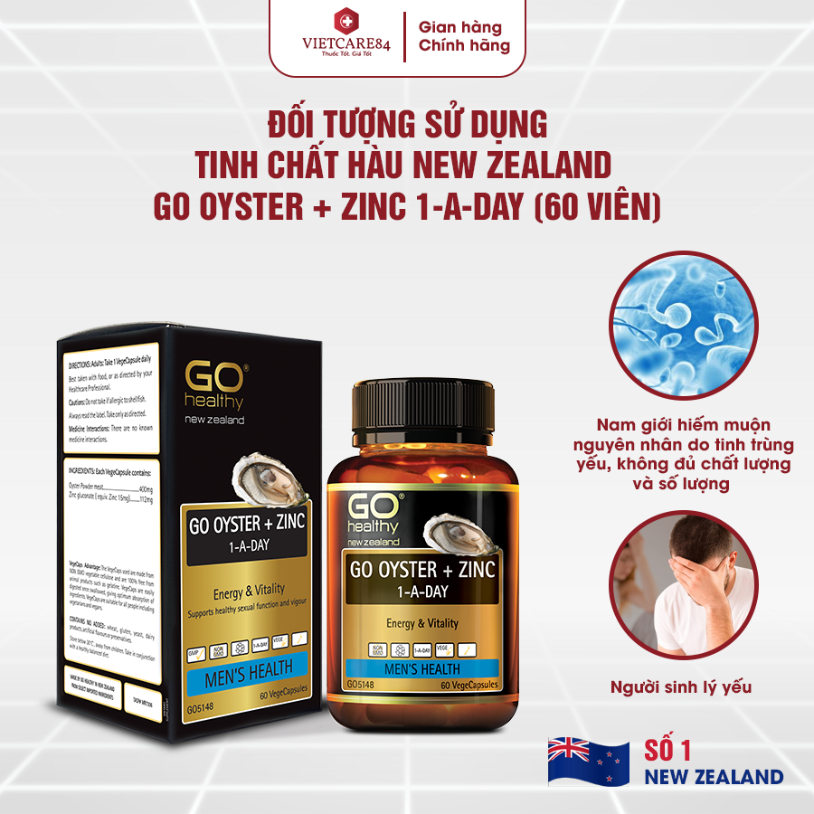 Hình ảnh Viên uống tinh chất Hàu nhập khẩu chính hãng New Zealand GO OYSTER + ZinC (60 viên) giúp tăng cường sinh lý nam, cải thiện chất lượng tinh trùng