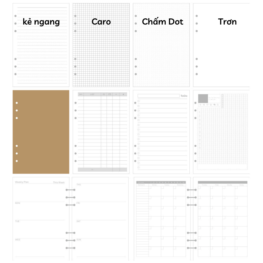 Ruột sổ Giấy re.fi.ll 100gsm B5 9 lỗ A4 4 lỗ A5 6 lỗ phụ kiện sổ planner bullet journal