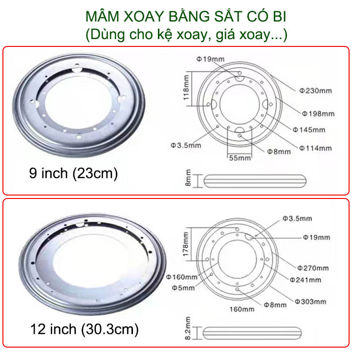 01 Mâm xoay tròn 360 độ, làm kệ-tủ-mâm xoay, bằng thép chống gỉ, có bi (5.5-14inch tùy chọn)